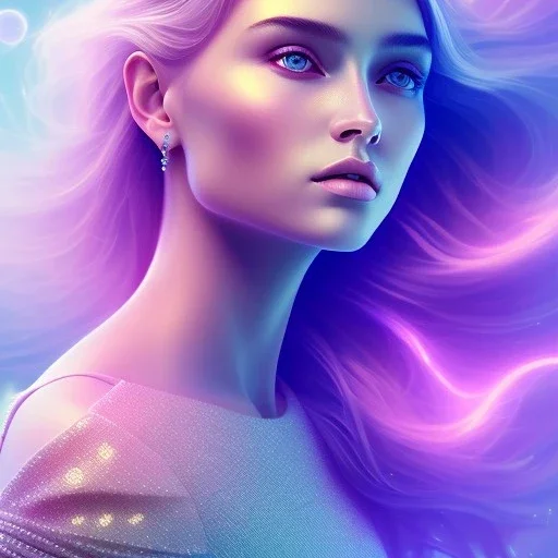 A portrait very beautiful woman , longs hairs, elegant, atmospheric, realistic, cinematic lighting, pink blue light, 8k, galactic atmosphere, flowers