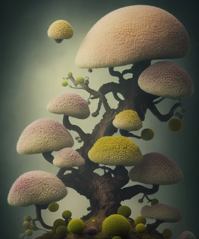 a picture of a planet of various flowers, fungus and plants, bonsai, muted light, botanicalatmospheric phenomenon, artistic photography, muted colors, conceptual, kodachrome