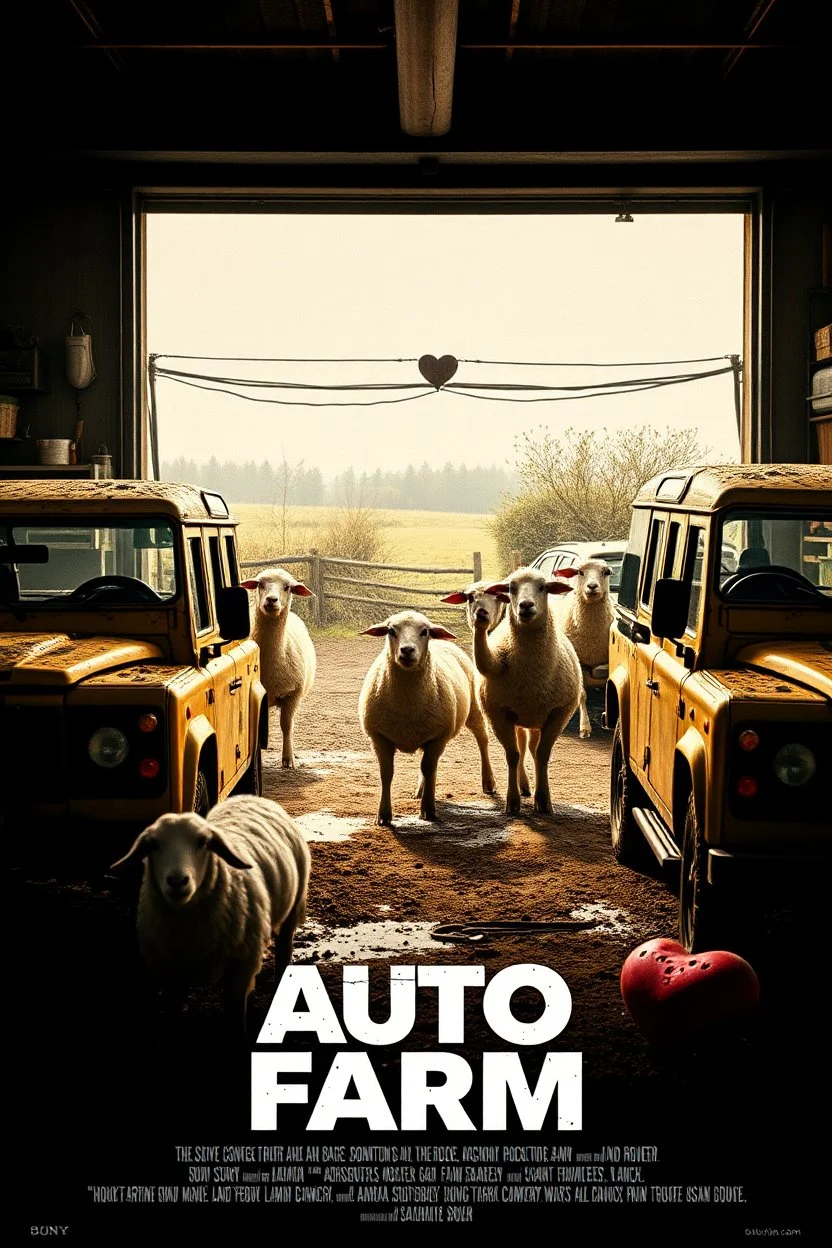 Design an early 2000s-style romantic comedy movie poster titled 'Auto Farm.' Create a whimsical, low-resolution 'CCTV footage' using an old 80s Sony camera. Depict a quirky, clandestine garage where humorous and unexpected events unfold. Surround the scene with charming, mud-splattered Land Rovers, while playful sheep with human arms and mischievous expressions roam around. Add a light-hearted atmosphere with soft shadows and a sense of romantic adventure. Include elements like heart-shaped tool