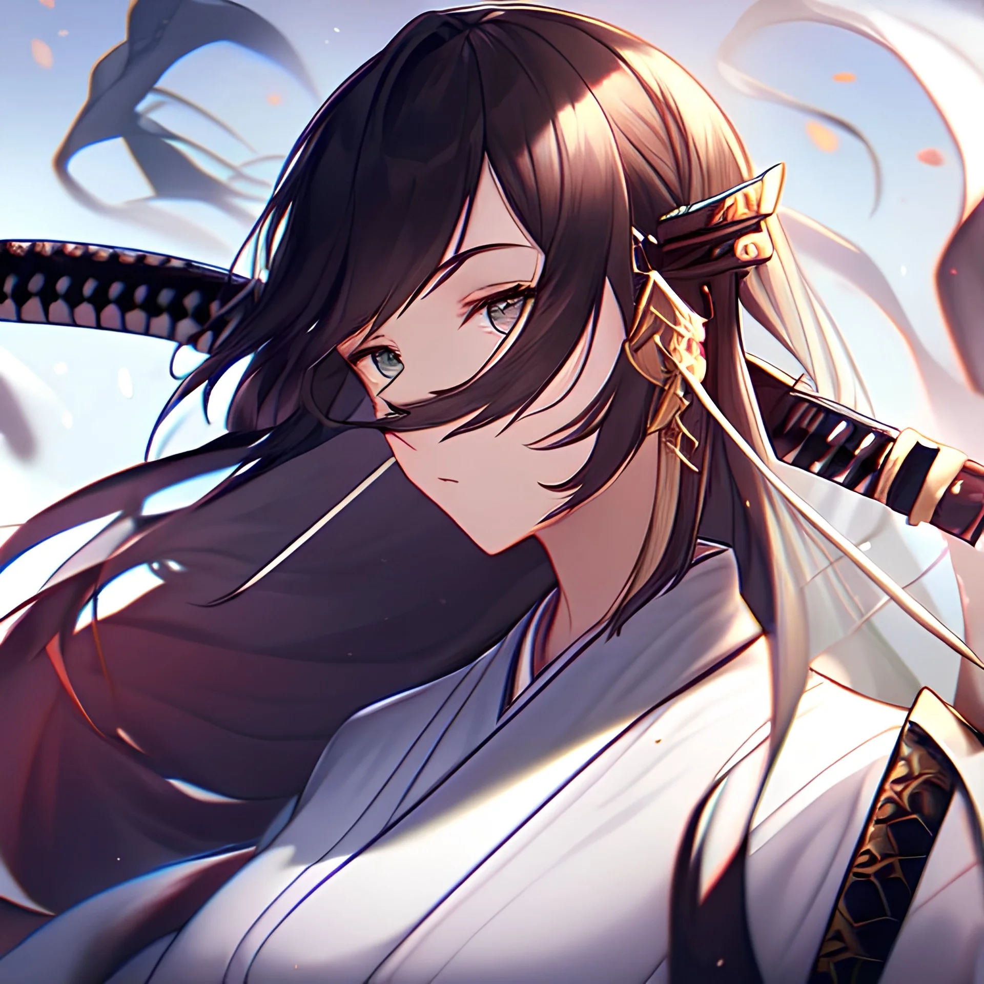 a portrait of an ancient japanese warrior, samurai, white clothes, katana, super detailed, bright colors,