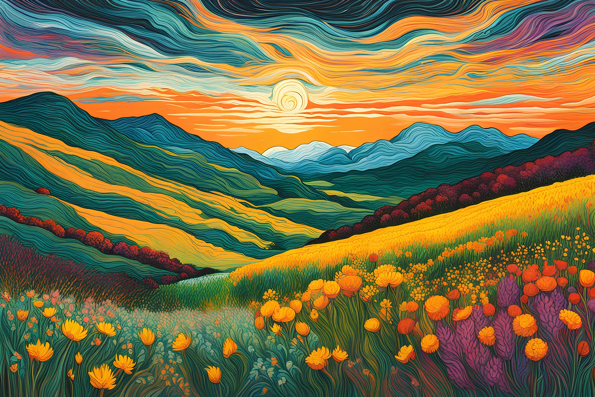 a modernist abstract lithographic print illustration of a her subconscious yearning to be as free a wild wind whispering across a vast landscape of wildflowers , striking, atmospheric, dreamlike, mystical, enigmatic, amorphous, in the style of van Gogh, in soft, vibrant plant based organic colors, boldly inked, hyper detailed , highly detailed , 4k