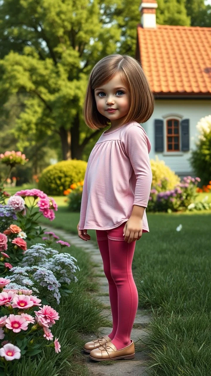child girl with realistic face and bob hair and makeup in pretty top and short tight and nice shoes,looking like a beautifull lady standing in country side next to country house with flowers,trees.