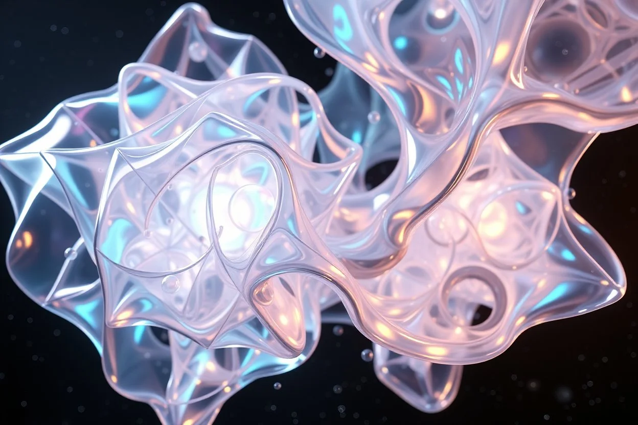 create A picture of 3d complex hypnotic fractal translucent 3D complex structures evolving and morphing, fluid geometry shifting between organic and geometric forms, iridescent glass material with internal glow and pretty bubbles inside,instances must have random translucent material smooth camera orbit, galaxy background, seamless motion, cinematic lighting, generative art style.