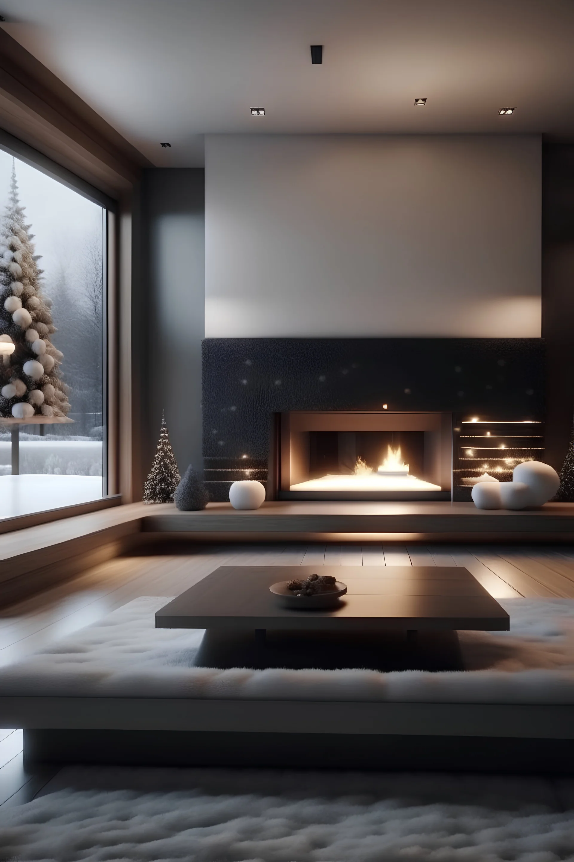 4k, christmas, snow falling outside, living room, modern house, large, fireplace, calming