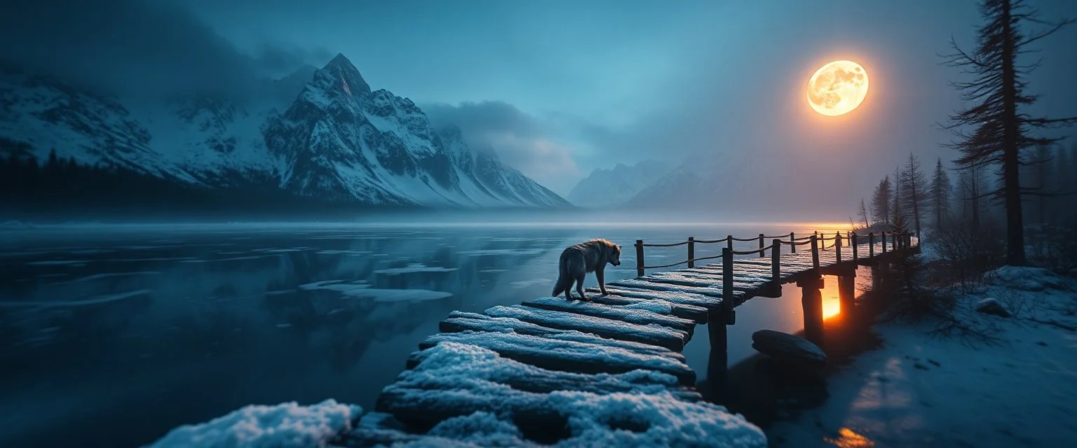 really old werewolf on frozen bridge pond, huge mountains and moon reflecting on pond, goa psy ambient in the style of vangelis and fsol, source vibrations, bokeh like f/0.8, tilt-shift lens 8k, high detail, smooth render, down-light, unreal engine, prize winning