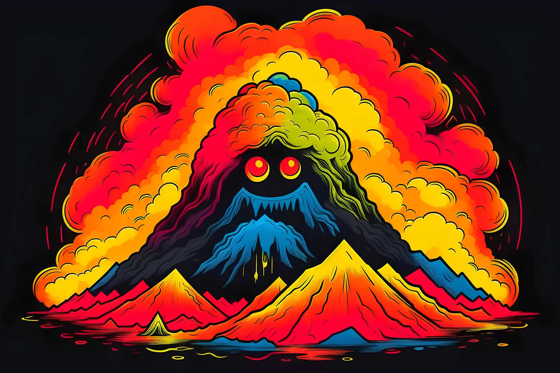 rainbow magma monster emerging from volcano