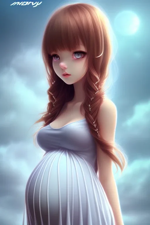 girl, cute, beautiful, pregnant, dress, long hair, brown hair, anime