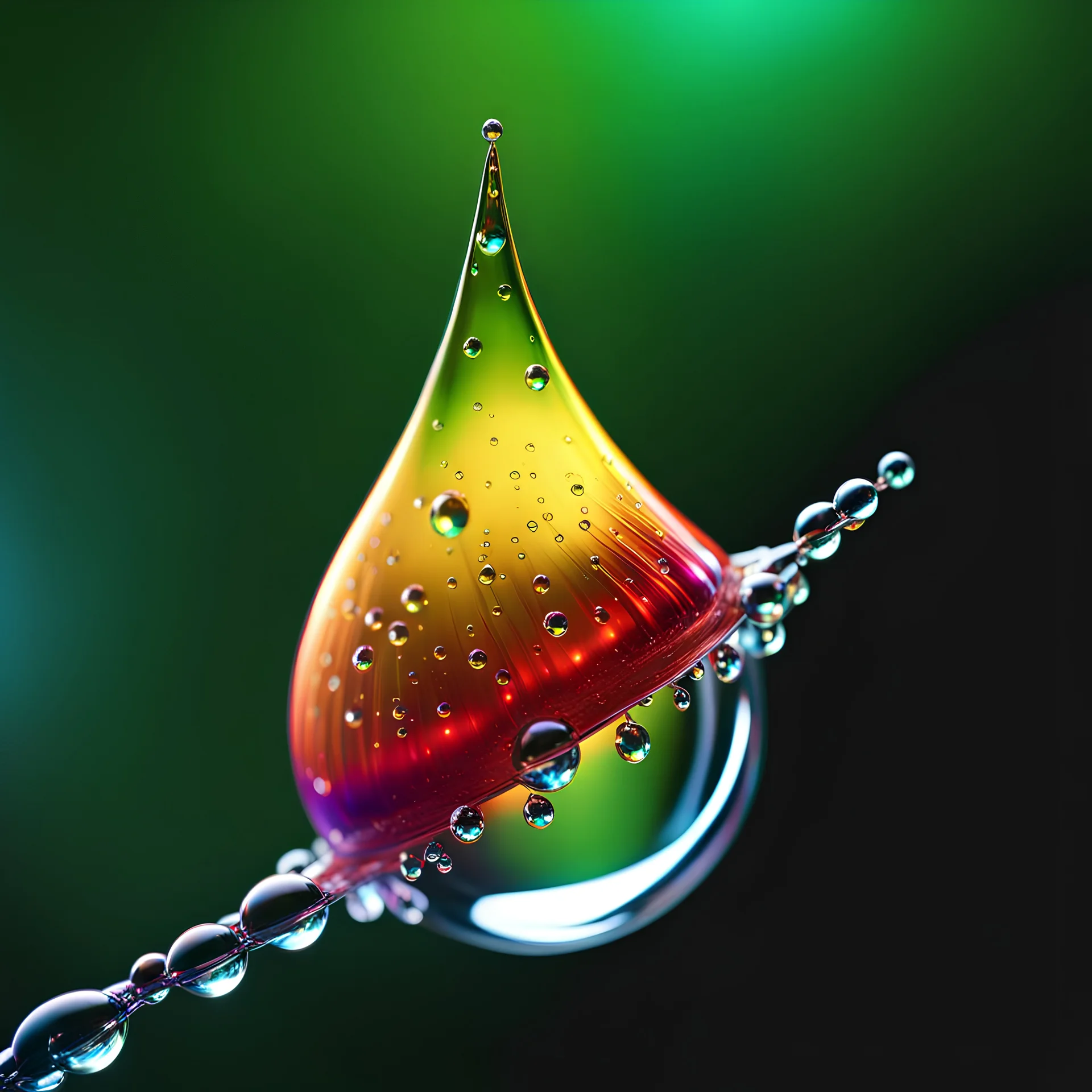 extremely magnified close-up of a dew drop with a lightning strike seen inside it, 8K 3D, octane render, photorealistic, colorful, triadic colors, award winning, crisp quality, double exposure surrealism, soft focus, beautiful, cinematic post-processing, volumetric lighting, dynamic lighting, masterpiece, hyperdetailed, ultrarealistic, ethereal, meticulous, light dust, iridescent