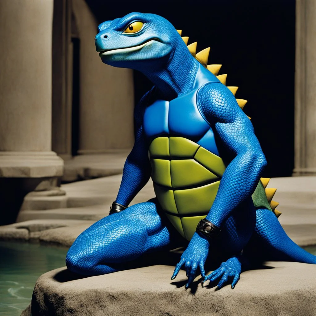 [high res photo by helmut newton for TMNT module B3] Mona, a cosmic enigma with a splash of charisma, graces the TMNT shores as a captivating mutant like no other. Once an unwilling sidekick to a second-rate baddie, a cosmic quirk transformed her into an alluring anomaly. Her blue-lizard skin, far from deterring her charm, adds an exotic allure to her enigmatic presence. Imagine this: a mesmerizing figure against the backdrop of the shoreline, Mona's cerulean skin glistening like a sapphire kiss