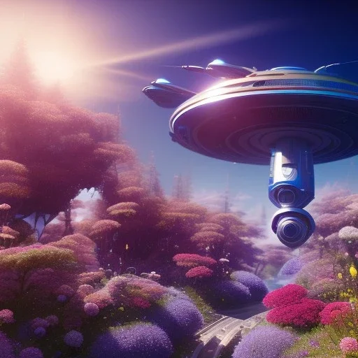 Spaceship landed on futuristic planet, sunny day. clear blue sky, cascade, flowers. Elegant. Extremely detailed. Award winning photography. Fantasy. 8k. Cinematic lighting. Photorealistic. Dynamic lighting. Imperial colors. Crisp quality. Unreal Engine. Colourful cinematic postprocessing. Pixar. VRay.