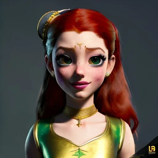 Alladin cartoon style, hyper detailed, strikingly beautiful young female, 8 years old, long ponytail, ginger hair, green eyes, medium freckles, full lips, micro top, black leather armour, full body, full face, tiny breasts, full frame, athletic, centered camera, ignore NSFW