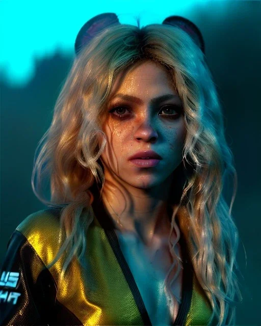 portrait, Shakira, blonde artist, angry, Realistic image, MMA robe, hoodie, mma gloves, loose long hair, fight pose, eyes, make-up, gold line make-up, moisture, sweat, fog, goddess, Neon colors, leds. Black background, photo studio, concept art, smooth, unreal engine 5, god lights, ray tracing, RTX, lumen lighting, ultra detail, volumetric lighting, 3d, finely drawn, high definition, 4k.