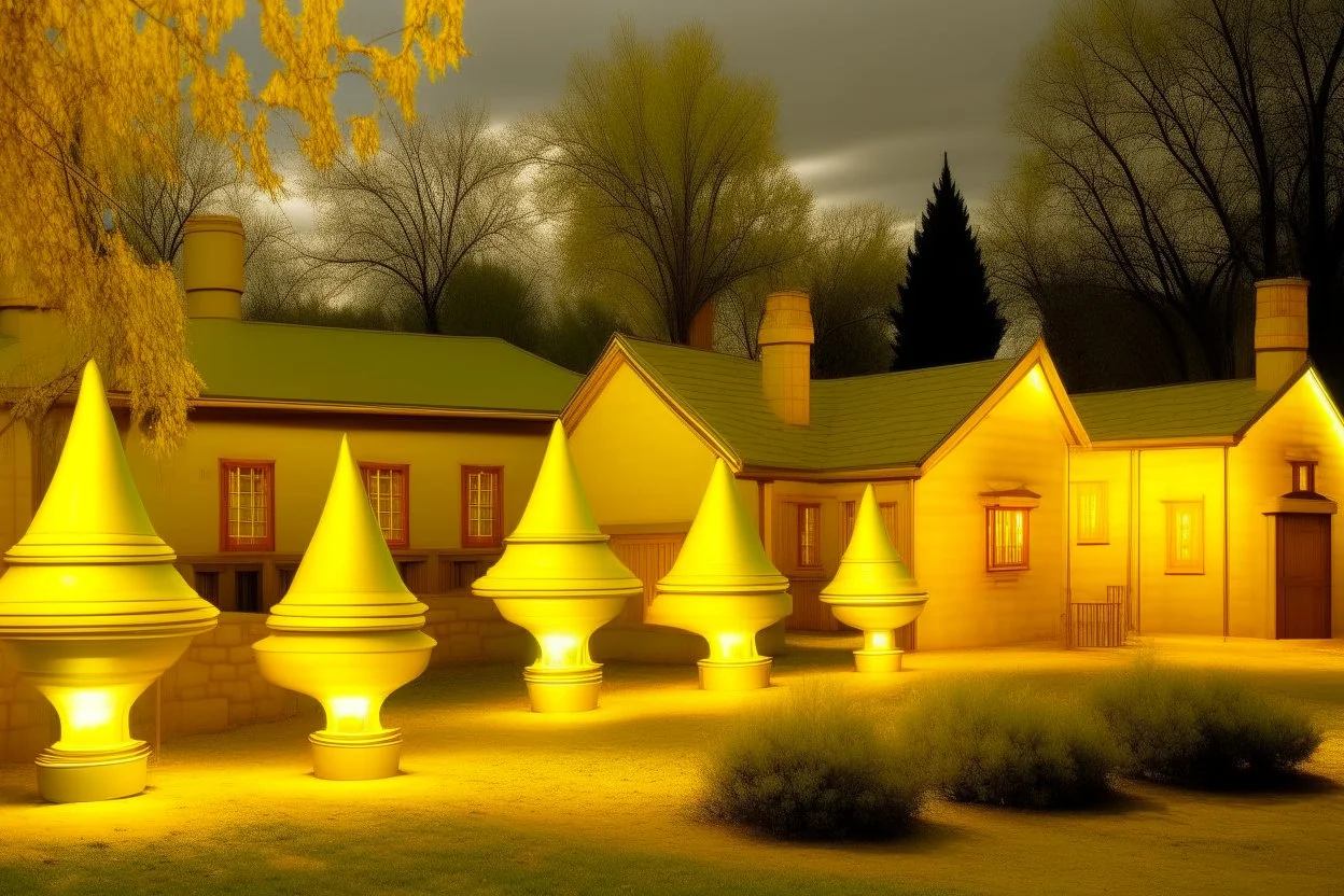 A small yellow village with lightbulbs painted by Frank Lloyd Wright