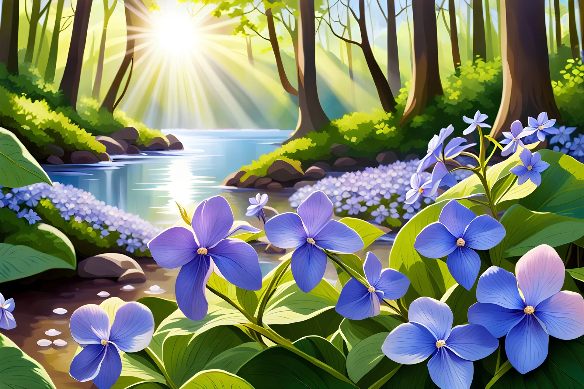 Beautiful forest with parma periwinkle flowers, parma or blue light effects colors, sun, realistic, high contrast, river with vinca flowers along, 8k, high definition, concept art, sharp focus