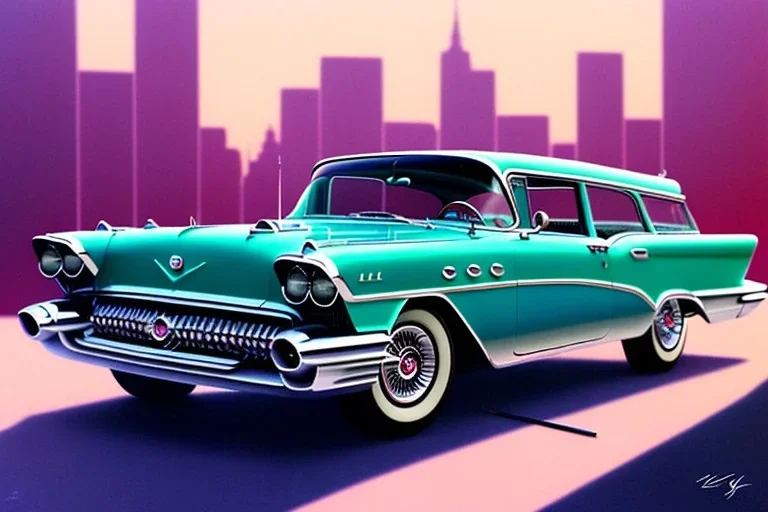 a true-to-life 1957 buick century caballero wagon, centered, intricate, extreme detailed, photorealism, center view, city background, pivot on buick, pen and color marker painting by cheryl kelley