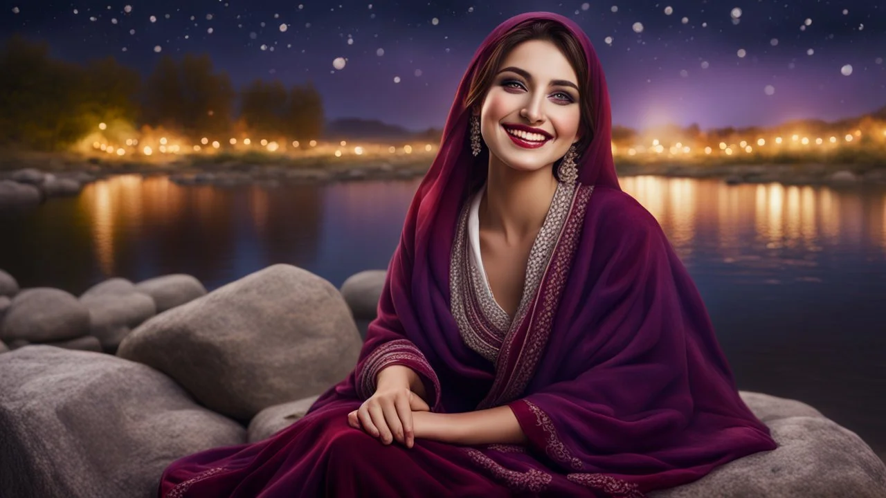 Hyper Realistic detailed Photographic-view of a happy smiling young beautiful Pashto woman with beautiful-eyes-&-beautiful-lips wearing-maroon-dress-with-white-embroidery-&-purple-velvet-shawl happily-sitting on a big-rock in-front-of-a-bonfire night riverside with cloudy moonlight at dark night & fireflies around her showing dramatic & cinematic ambiance.