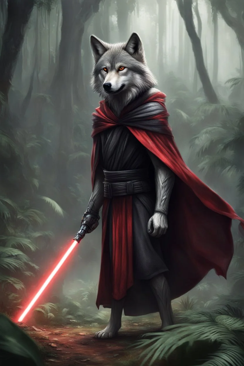 [photo realistic] a Wolf standing with a Sith cape and a Lightsaber, using the force, jungle in the background