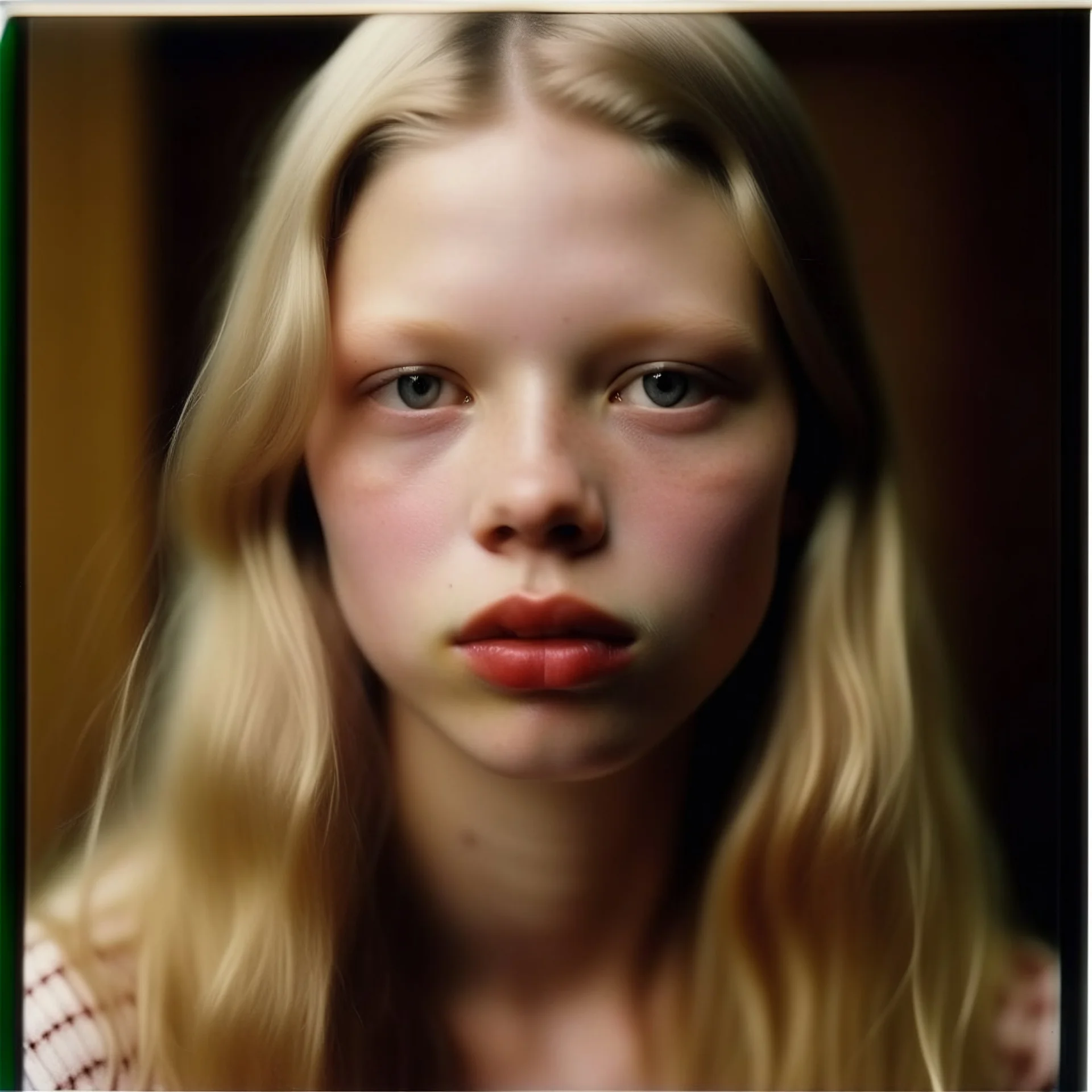 Platinum Blond Actress Mia Goth, 1970s,there are freckles on her face, no eyebrows, pouty lips, red cheeks and nose, cute, polaroid