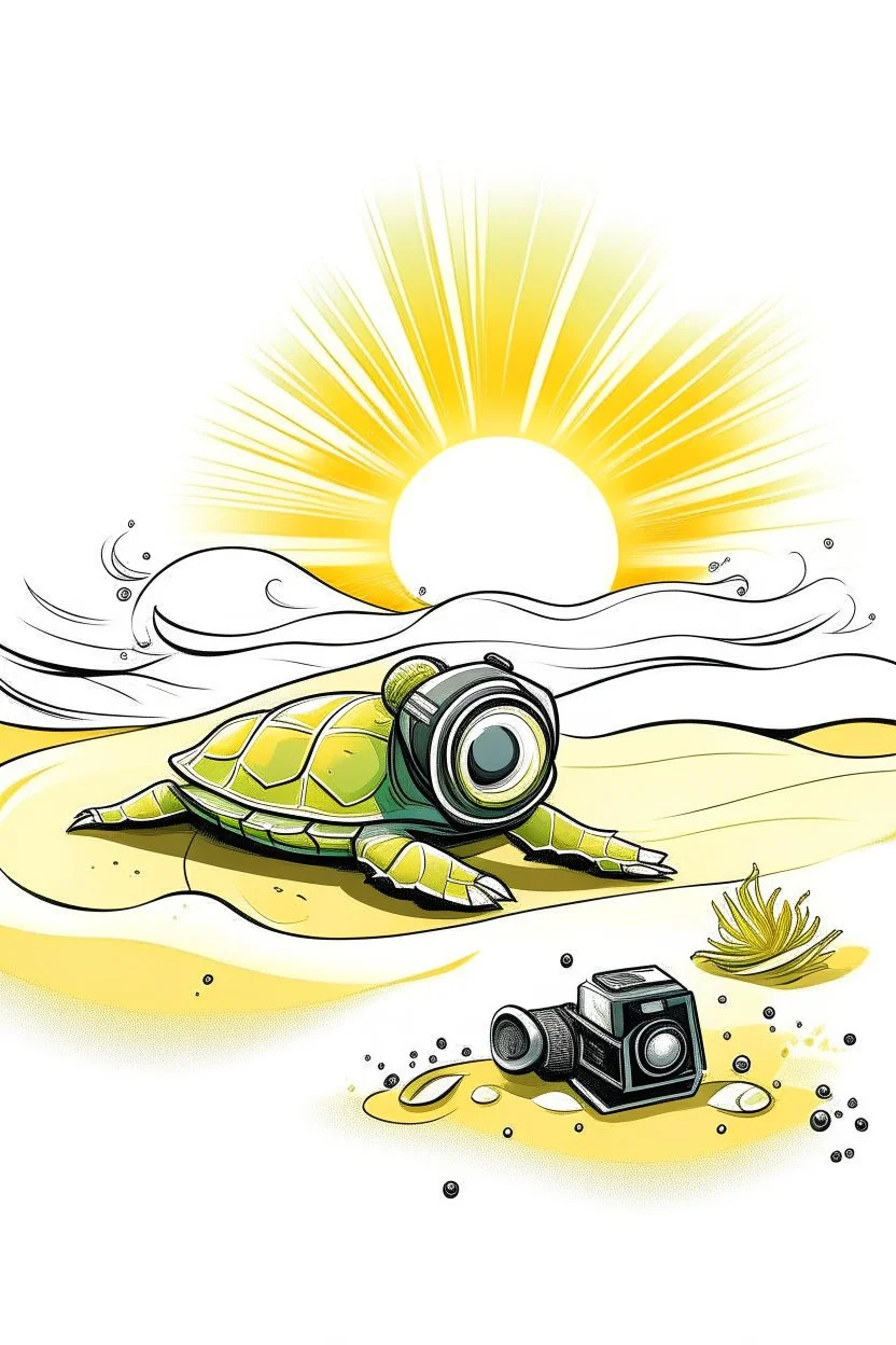 A disposable camera lies abandoned on a sandy beach, partially buried in the grains. A playful sea turtle swims past in the clear water, leaving a trail of bubbles in its wake. Style: Whimsical, Mood: Playful, Lighting: Bright midday sun with a warm glow, T-shirt design graphic, vector, contour, white background.