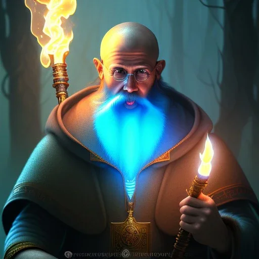 medium close up of blue robed monk with long beard, torches, fantasy concept art, dynamic lighting, Intricately detailed, Splash screen art, deep color, Unreal Engine, volumetric lighting, blue flowers, moss, leather, creek, flowing water, fantasy dark forest artwork,back light