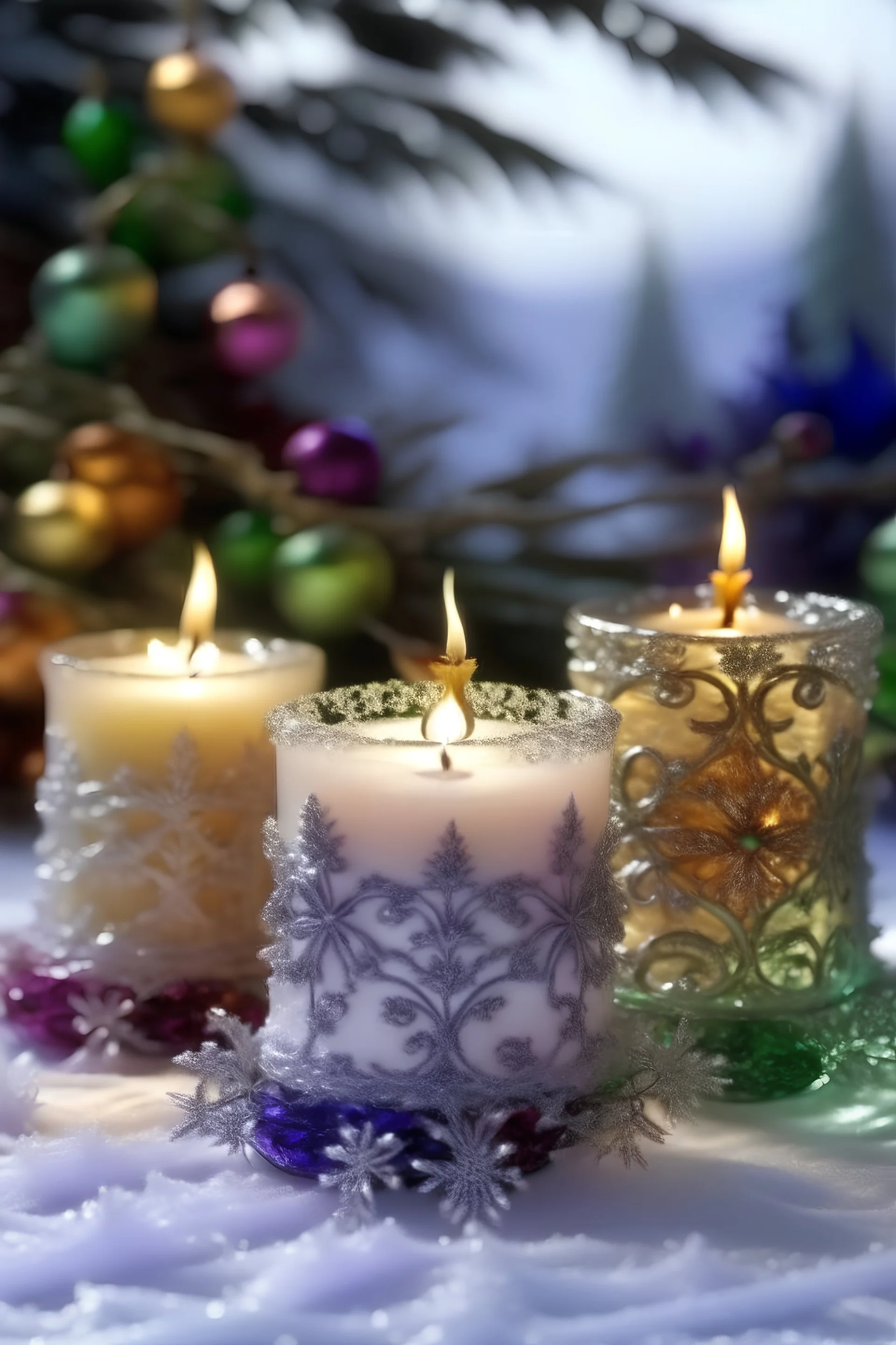 Beautiful crystal. Irridescent rcoco snowflake shape candles and candle light in the snow, with snow covered christmas rocc green tree background, adorned with metallic goled filigree embossed floral. Ornaments Golden and dee violet colour gradient ad white, candles ribbed with amethyst mineral stones and lilac quartz organic bio sina ribbed detail od bokeh christmas lights and snowy christmas tree rcoco aLe background extremely detailed hyperrealistic maximálist concept aart