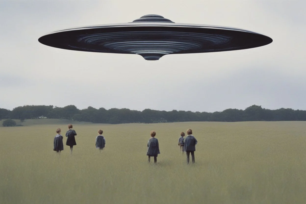 bumper sticker design, westall in bold heading text, ufo 1966, lots of school children looking up in a field, mysterious cool, bold