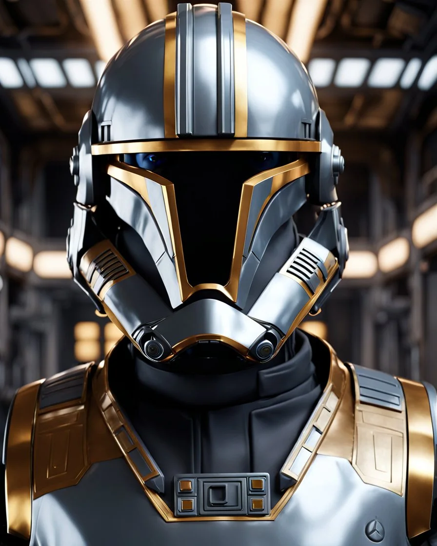 star wars bald male corellian pilot wearing pearlescent black and gunmetal grey First Order special forces armor and helmet with gold trim inside the jedi temple, centered head and shoulders portrait, hyperdetailed, dynamic lighting, hyperdetailed background, 8k resolution, volumetric lighting, light skin, fully symmetric details