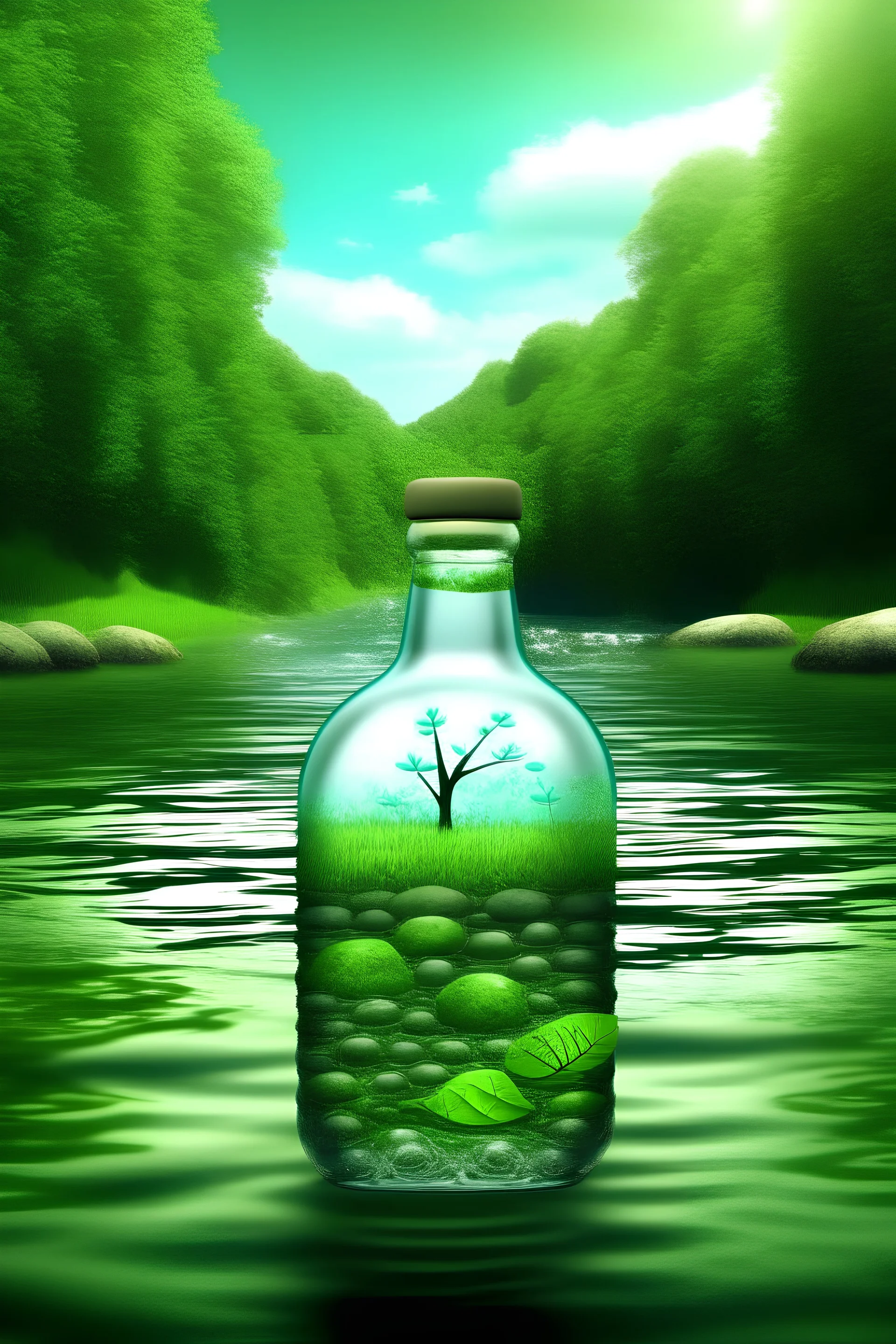 add bottle juice in the river and create text THE JUICE KINGDOM nature