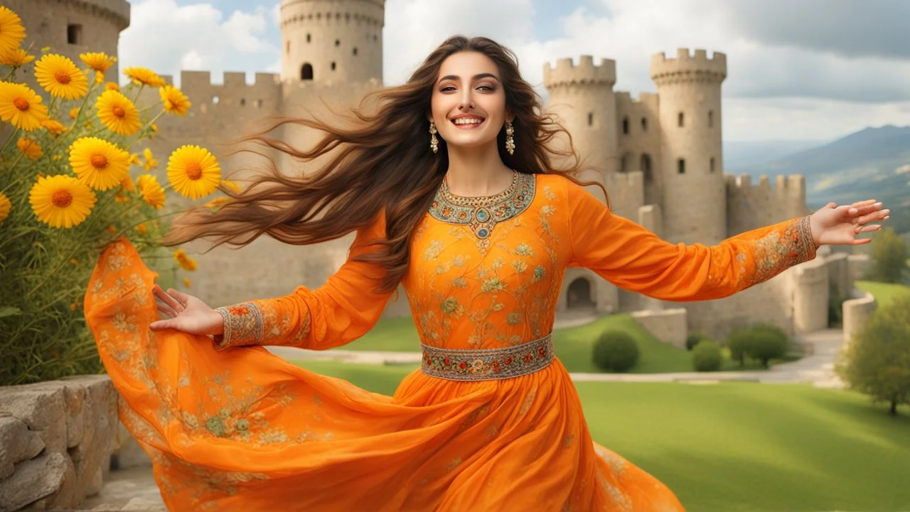 Hyper Realistic Photographic Close-Up View Of A Beautiful Young Pashto Woman With Beautiful Eyes Lips & Nose (Wearing Beautiful Orange Frock With Yellow Floral Patterns & Yellow-Ribbons On It Her Beautiful Long Hair Whirling In Air) Happily Whirling & Smiling Inside The Courtyard Of A Detailed-Crafted Stone-Castle On Grassy-HillTop With Yellow-Flowers & A Valley Down, At Cloudy Weather With Heavy Rainfall Showing Dramatic & Cinematic Ambiance.