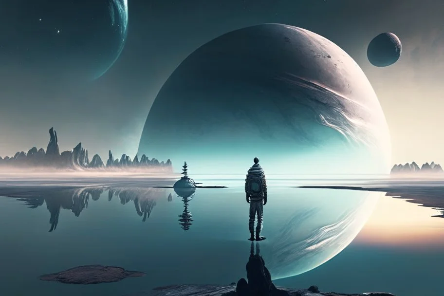 person seeing a grey exoplanet in the horizon, lagoon, sci-fi, very epic