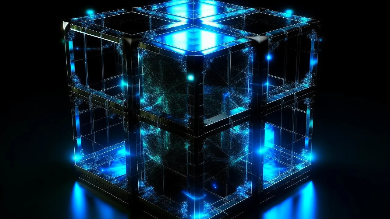 Cube tesseract located strictly in the middle of picture with space around it and with glow in tesseract, but without glow below it, without background or table.