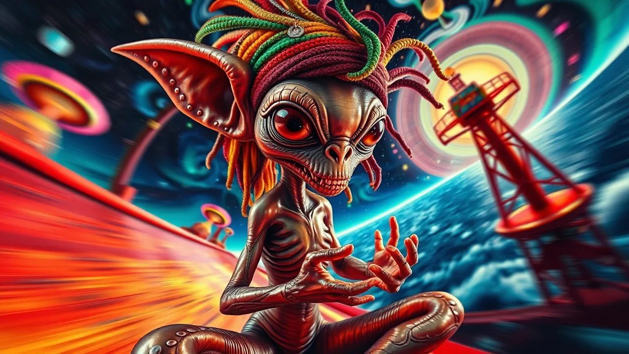 master oil painting by Dali and Escher, roller coaster close up portrait of hypno psycho shiny slimy dented alien yoga gremlin with rasta wig breast feeding with some bad ass power off shore oil platform cyber punk people experiencing gravity at its worst, pin hole cam, twisted perspective, goa trance music poster, awake within a psychedelic mushroom dream, with some motion blur background, and hyper depth perception layout