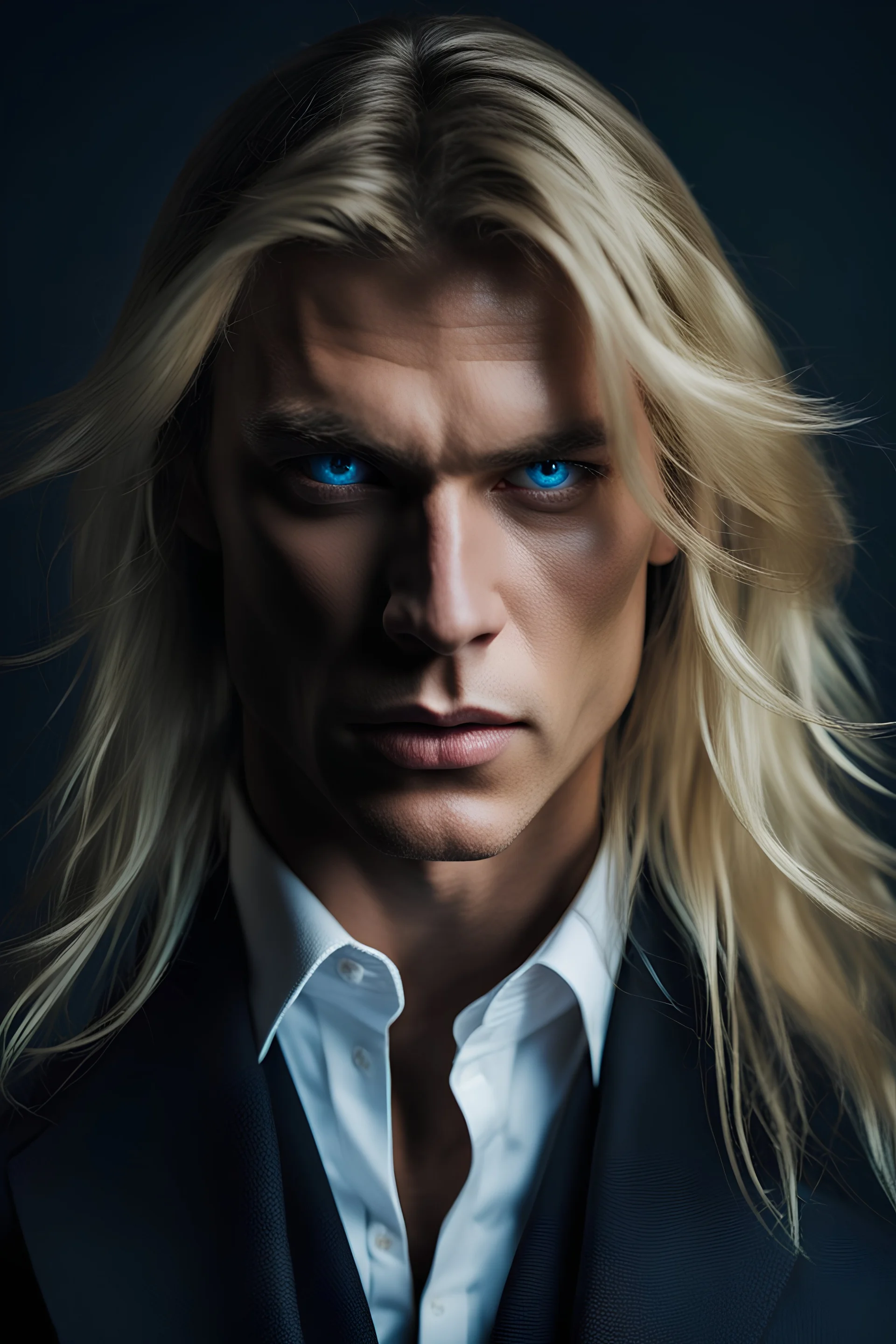 portrait of an evil stunningly handsome male aged 25, muscular, long blonde hair, blue eyes, wearing a dark suit, angry expression,4k, modern fantasy