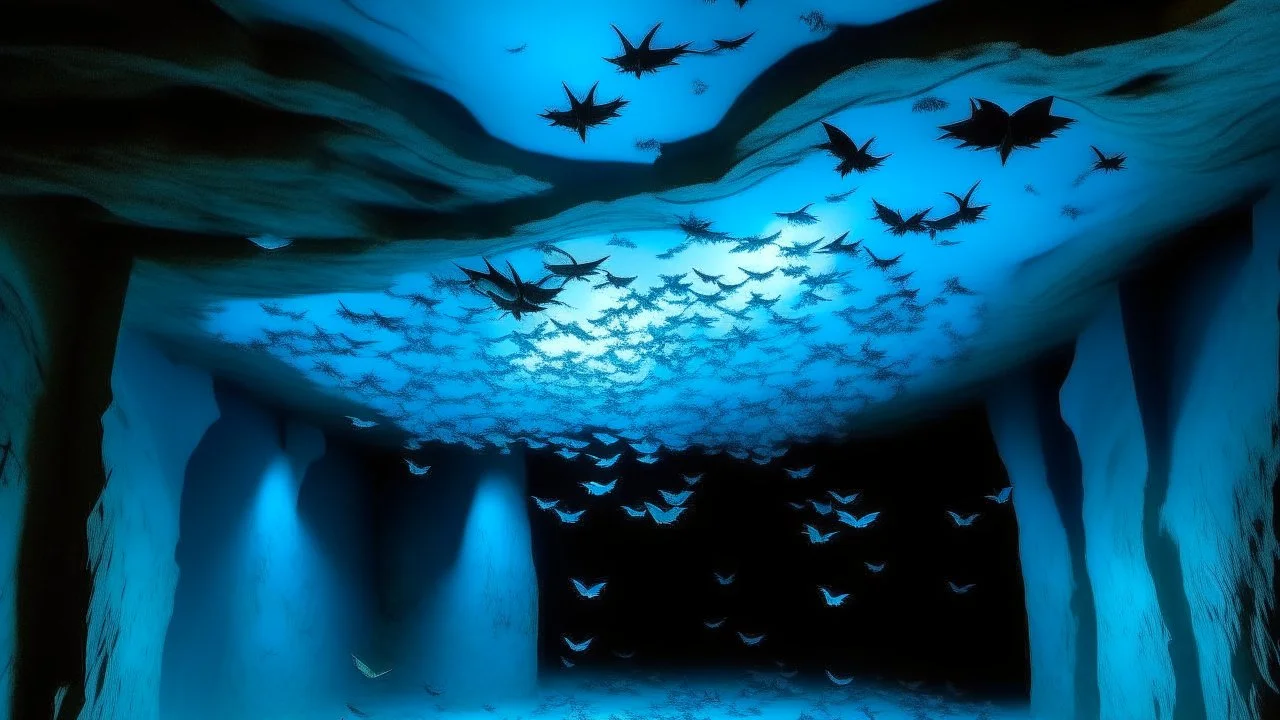 A light blue cavern filled with vampire bats painted by Andy Warhol