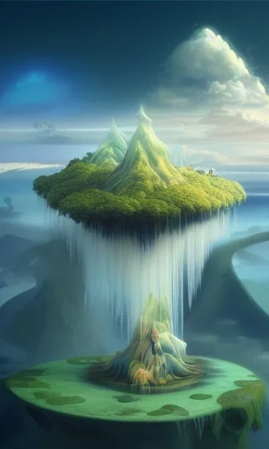 floating islands with waterfalls connecting each other whimsical surrealism, based on child's drawing, lsd trip, dream recording, deep - space imaging fantastical setting isometric view octane render, art by salvador dali, greg rutkowski studio ghibli