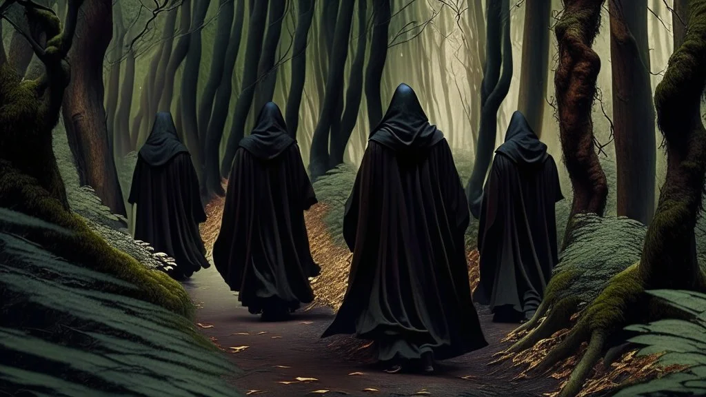 black robe hooded monks on the forest path