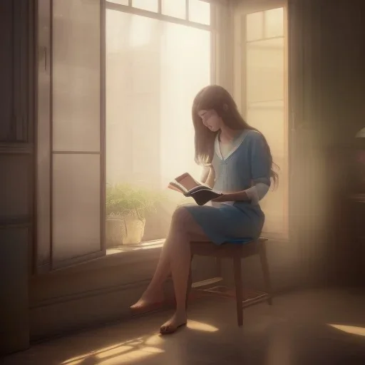 Study girl read a book in by the window, movie, real photo realistic, unreal engine, cinematic lighting --ar 1:1 creative