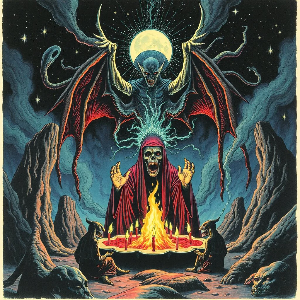 cosmic horror, less than zero, seance conjuring Pazuzu, by Ray Johnson and Michael Whelan, acid wash mind-bending illustration; asymmetric, deconstructed, dark shines surrealism, sinister