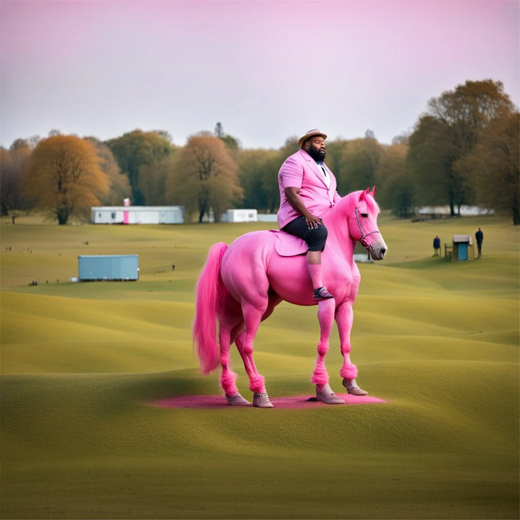 a big man siting on a pink horse