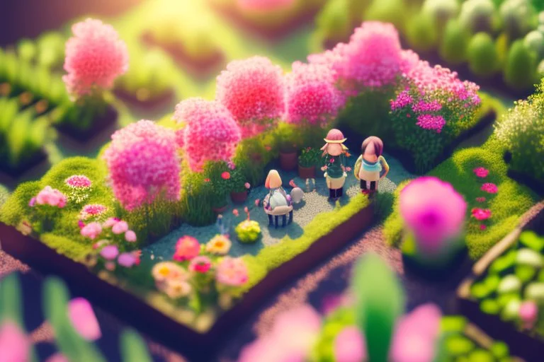 top view of a miniature flower farm scene with cute chibi anime gardener cats tending to the flower fields S<AI in sunshine, photorealistic, 3D, ethereal, cinematic postprocessing, bokeh, dof