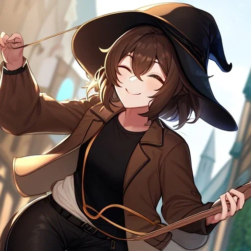 Clear focus, High resolution, short brown spiky hair, hair between eyes, eyes closed, wearing a brown detective hat, wearing a brown jacket and a black shirt, wearing black shorts, 1girl, pulling at down, smiling