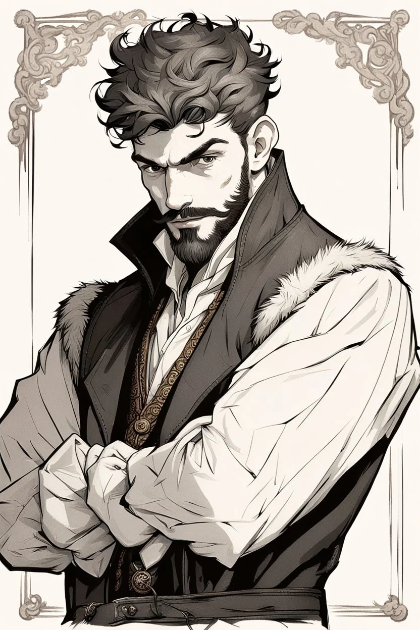 young man in mid 20's, medieval, fighter, russian, croocked nose, czar, rich, simple clothes, short messy hair, thick beard, oligarch, leather coat with fur, brocade clothes, pencil drawing, black or red hair, muscles, background frame