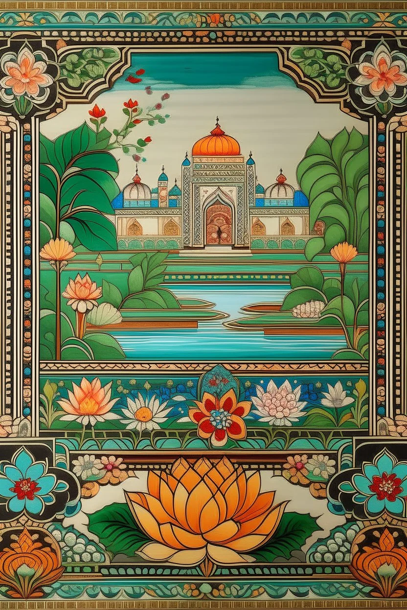 Channel the beauty of the Mughal Gardens with detailed hand-painted representations of traditional Indian flowers like lotus, marigold, and jasmine. Incorporate intricate geometric patterns and water features.