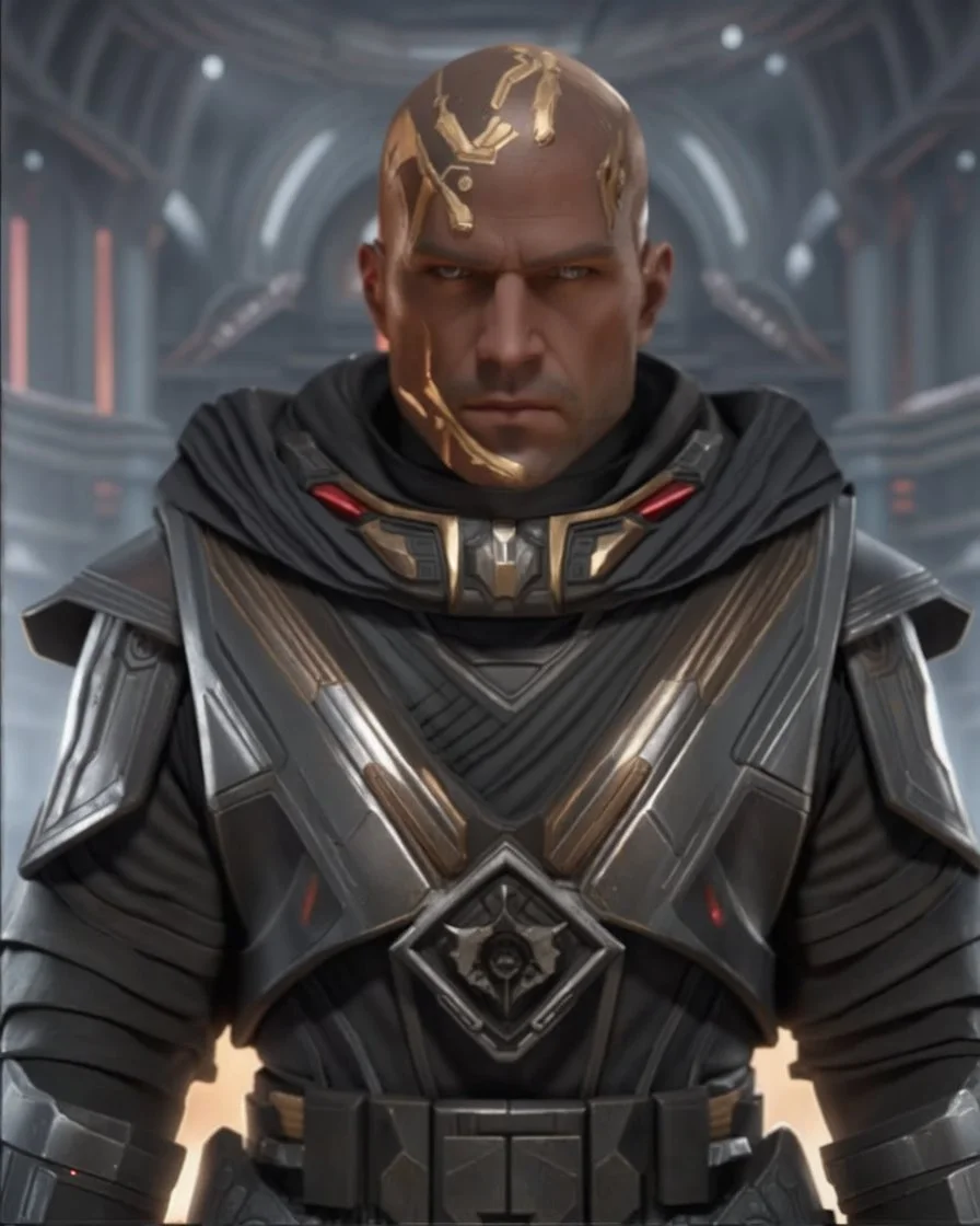 star wars bald male corellian jedi wearing gunmetal grey and black old republic armored flightsuit with gold and metallic red trim inside the jedi temple, centered head and shoulders portrait, hyperdetailed, dynamic lighting, hyperdetailed background, 8k resolution, volumetric lighting, light skin, fully symmetric details