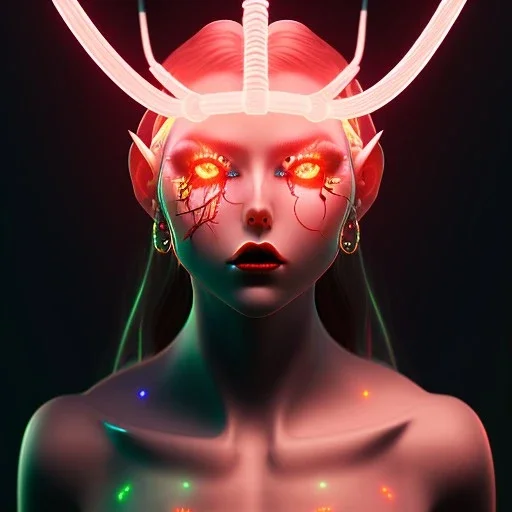 Demon girl, lumen lighting, led lights, <hanging wires> many wires connected to the head