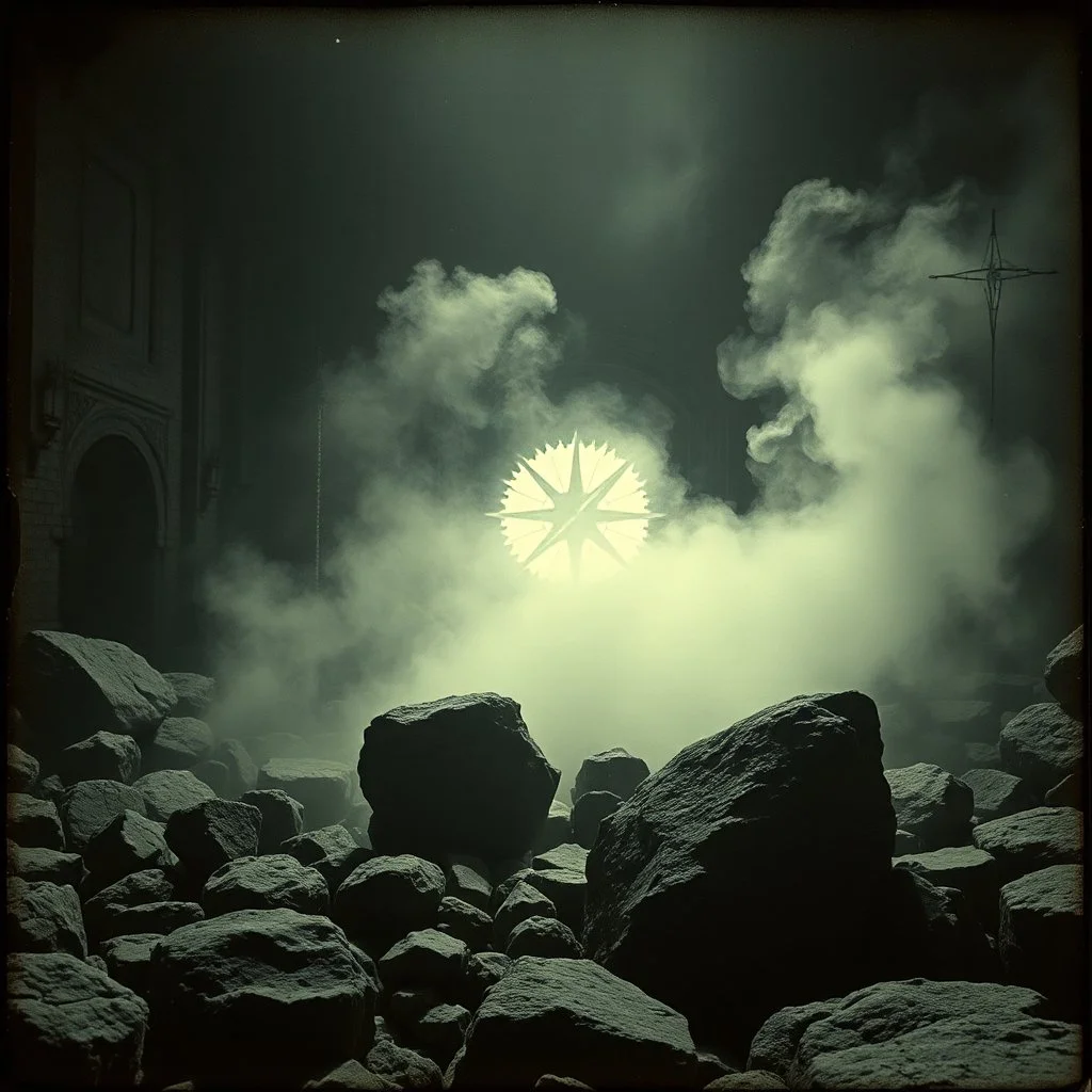 photo, 1920 horror movieshot, rocks, very odd objects in background, Ades, Charon, tenebroso, macabro, marcio, interno museo, fiotti di liquido nero che zampillano, hypermaximalist, strangeness, sundial light, odd, intricate, Lawrence Alma-Tadema style, albero, hypnotic, eerily mysterious, artistic photo, shot on Hasselblad, sadness, follia, smoke, daguerrotype