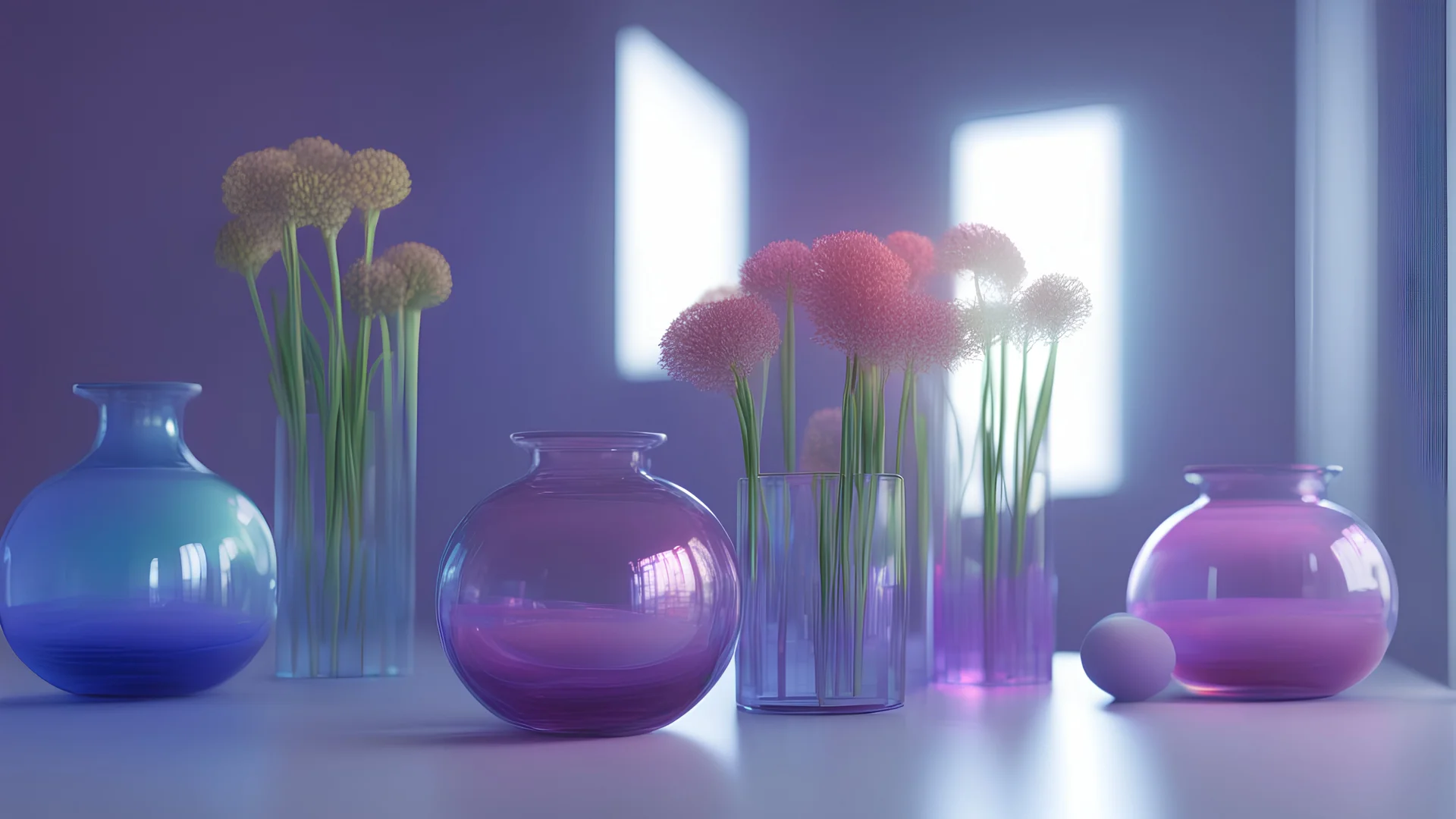 light reflections 3D cinema 4D redshift colorful blue purple, touch of green, ray of light, glass flowers