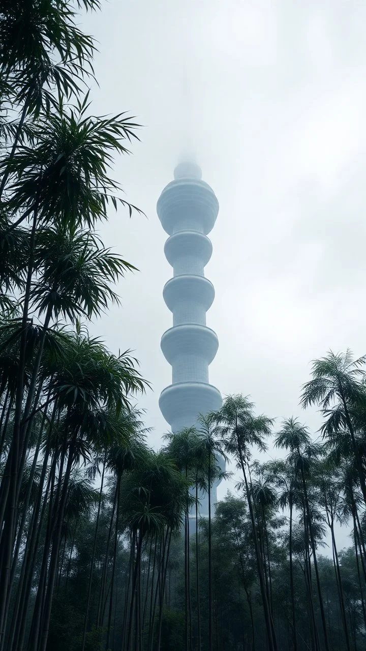 realistic photo of a tall bamboo trees in a landscape, a tower from the future with foggy clouds and gray sky