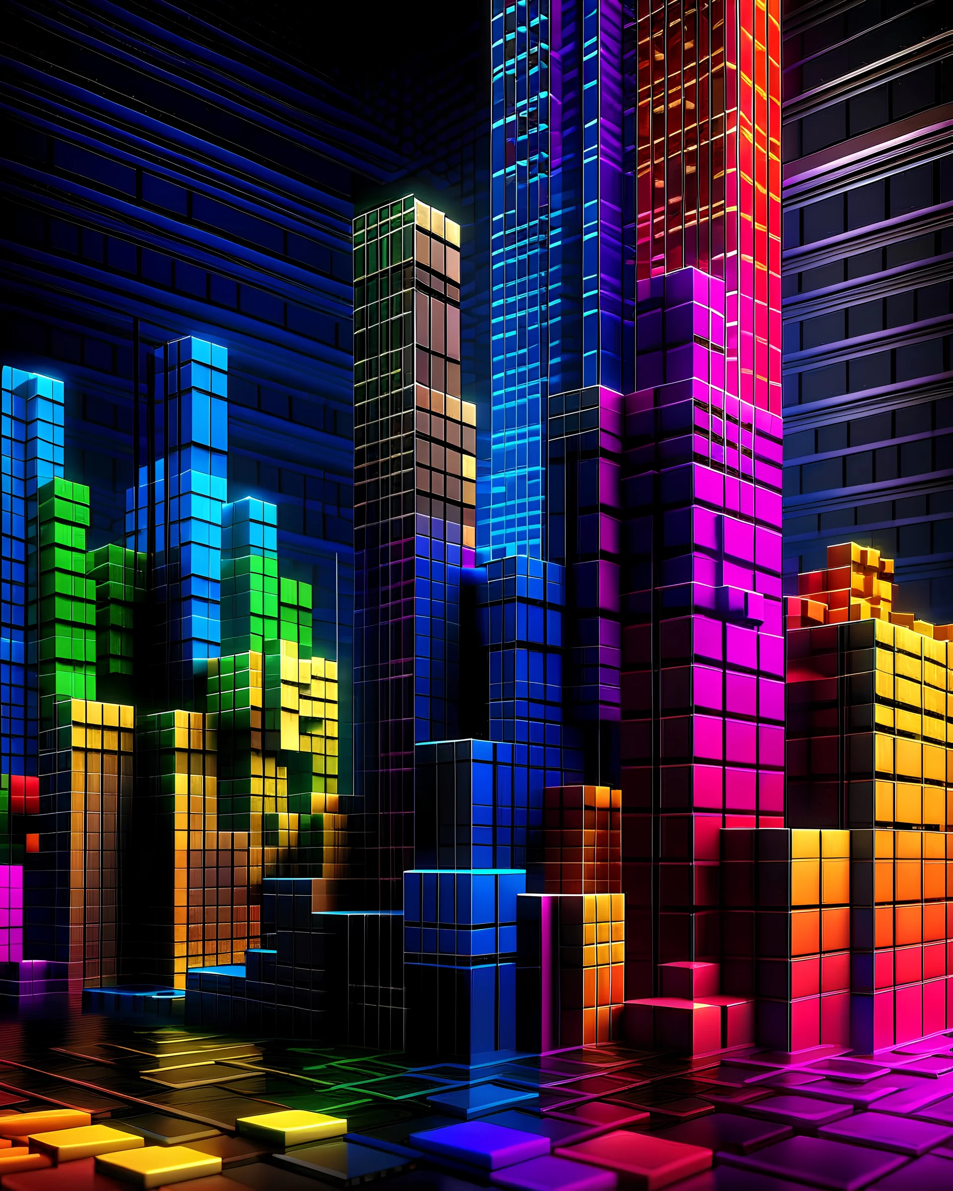 Tetris 3d background with skyscrapers in the back