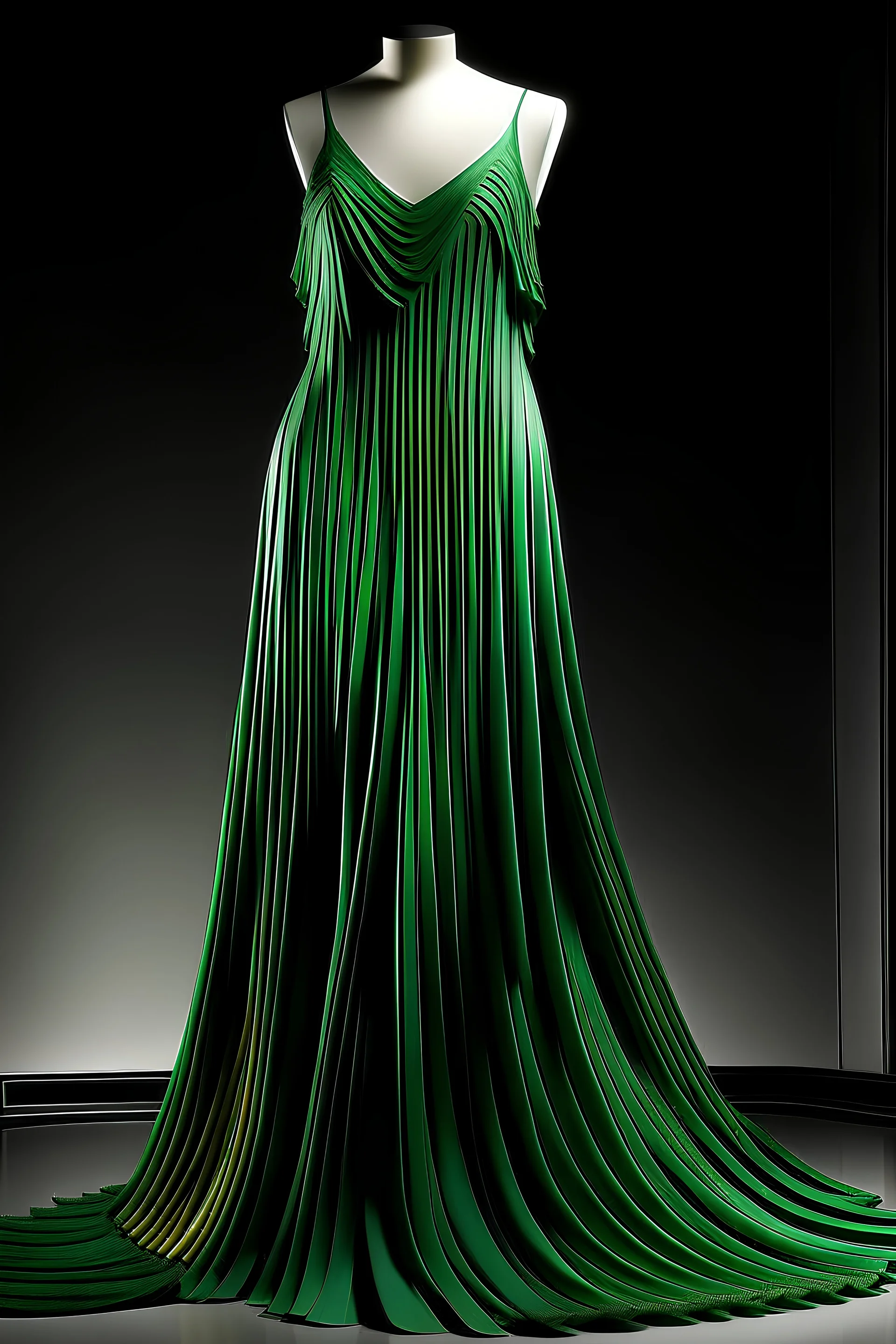 A green Chiffon crepe dress, without sleeves,used in pleats, inspired by the fractal in geometry.